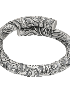 原创抱柱男士满雕实心龙凤手镯