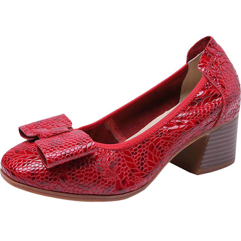 浅口蝴蝶结真皮单鞋2026春秋新款方头中跟粗跟一脚蹬牛皮透气女鞋