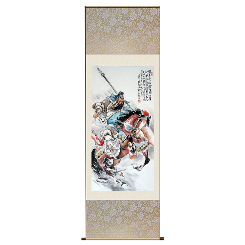 书房茶室风水条幅关公飞马丝绸画