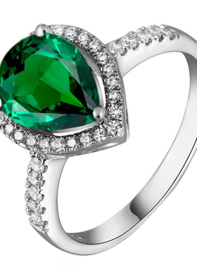 水滴祖母绿戒指纯银镀18K复古