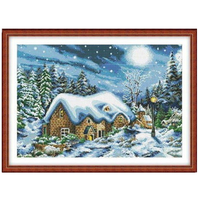 美丽的雪景十字绣夜景小屋风景雪