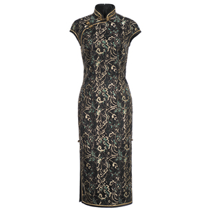 华族经典改良旗袍女夏中长款优雅妈妈礼服婚宴高贵蕾丝旗袍连衣裙