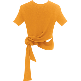 冰丝设计感小众高腰短款绑带针织t恤紧身露脐打底衫体恤上衣女夏