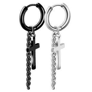 十字架耳环男士长款链条个性无耳洞耳夹耳钉单只街头潮嘻哈耳坠女