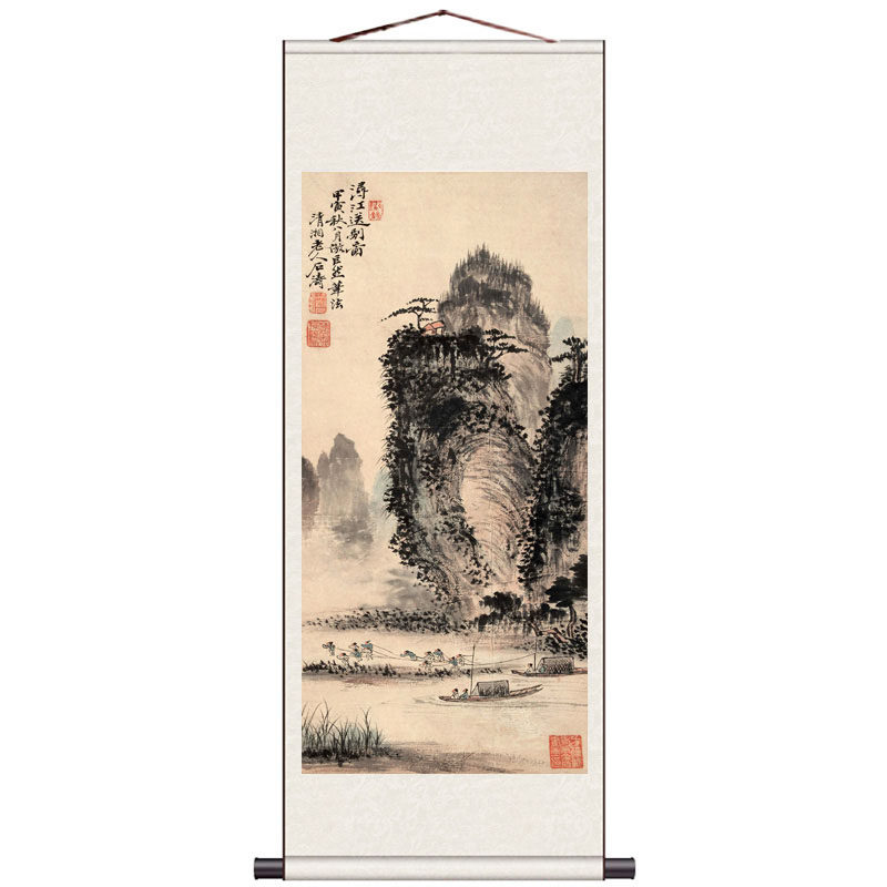 黄山迎客松国画丝绸挂画家居装饰画山水画风水卷轴礼品定制玄关画
