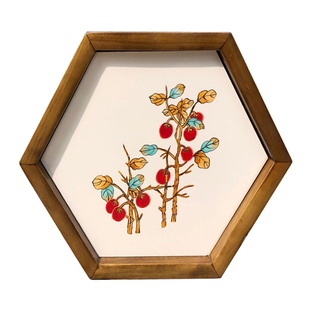 创意居家手绘陶瓷六角形实木镶嵌瓷板托盘茶盘壶承挂画欧式老榆木