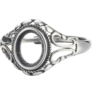 925纯银复古女戒指空托配饰简约中国风蜜蜡碧玉和田玉戒托空托6*8