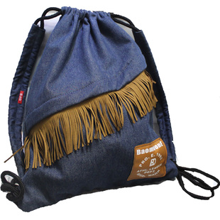 包满E丹宁洗水牛仔流苏抽绳双肩背包束口ins运动户外健身学生书袋