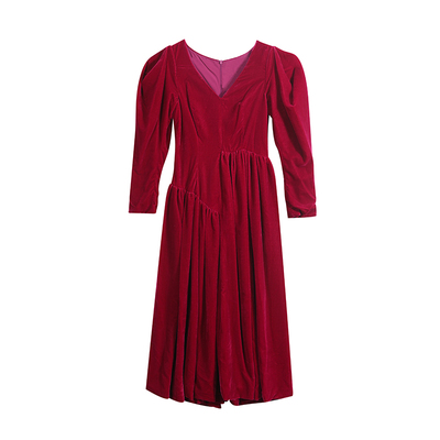 can丝绒V领百褶高腰桔梗连衣裙