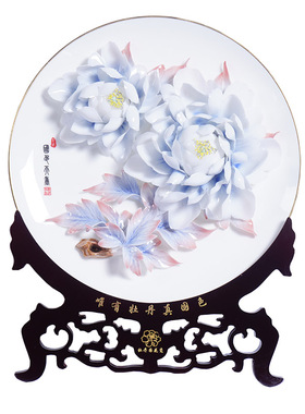 夫己陶瓷手工牡丹花新中式风挂盘
