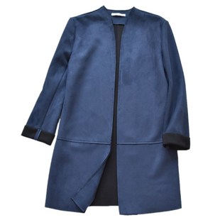 春秋季女装新款鹿皮绒风衣外套韩版中长款七分袖蓝色开衫外搭潮