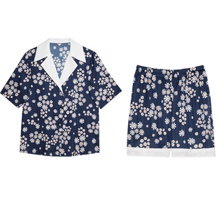 NT奈黎诗春秋女士丝质冰丝睡衣两件套薄款翻领长袖印花家居服套装