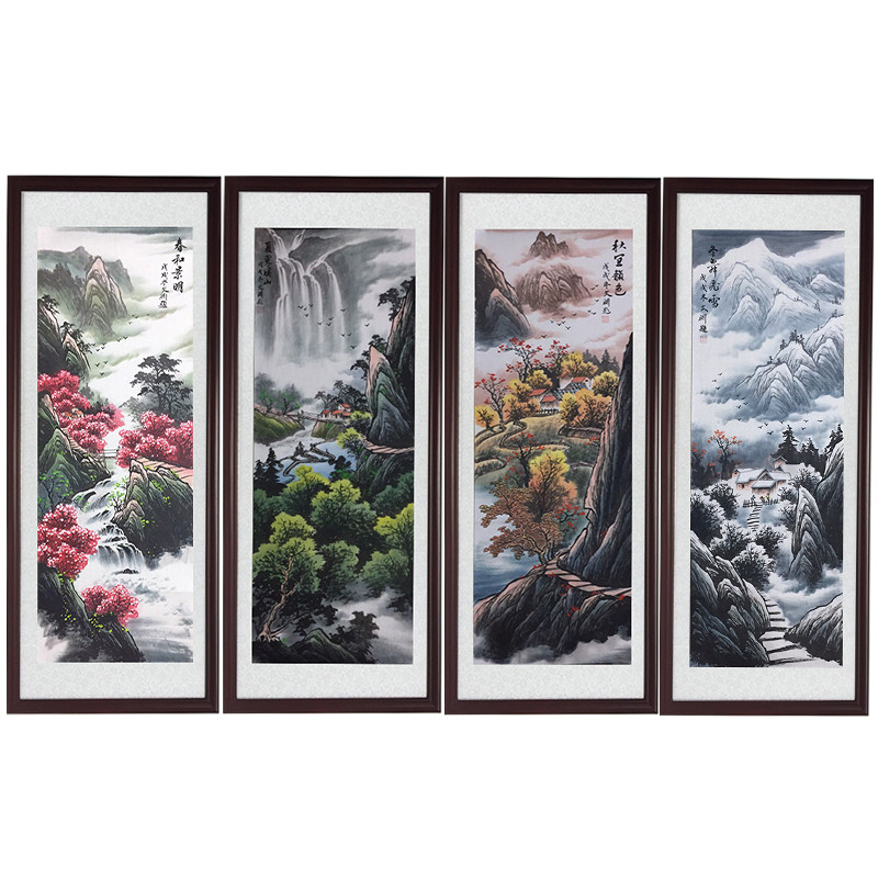 春夏秋冬四条屏纯手绘有框山水画