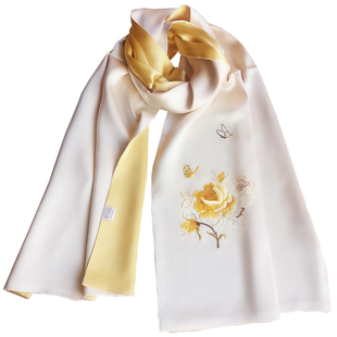 中国风高档牡丹重磅真丝围巾双面女桑蚕丝小披肩妈妈手工刺绣丝巾