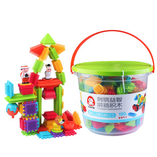 刺刺猬积木鬃毛梳子积木2-3-6岁大颗粒桶装拼搭拼插儿童益智玩具