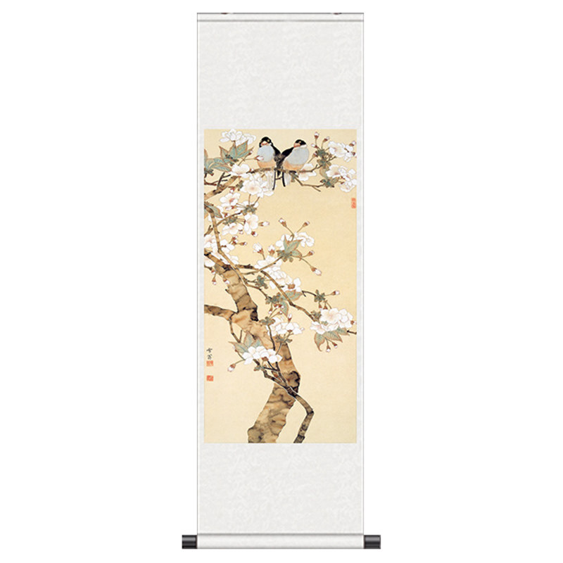 雪翁小肥鸟杏花开风水卷轴画丝绸画字画礼品国画茶楼酒店画花鸟画