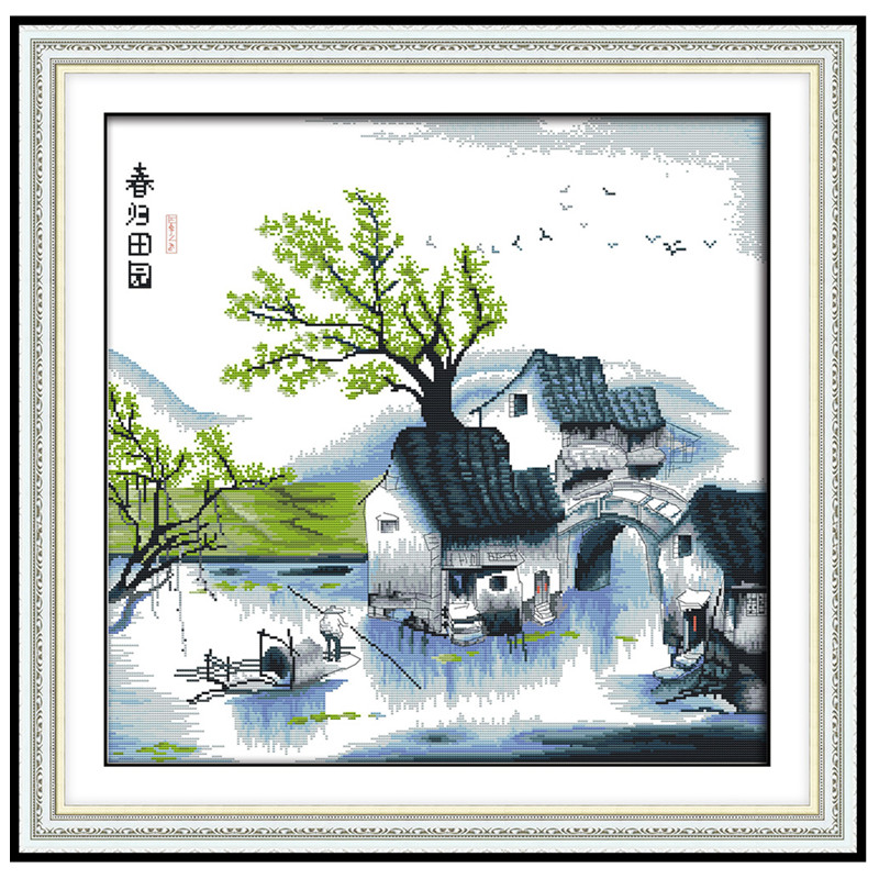 水墨江南水乡十字绣中式春秋风景