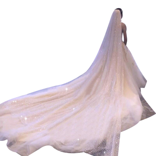 抖音香槟色星空头纱头饰白长款新娘结婚拍照道具婚纱超仙森系拖尾