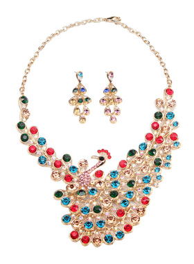 夸张满钻孔雀礼服晚宴项链耳环