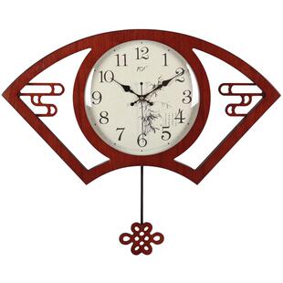 TQJ新中式客厅木头壁挂钟扇形创意石英钟表韩式时钟卧室静音挂表