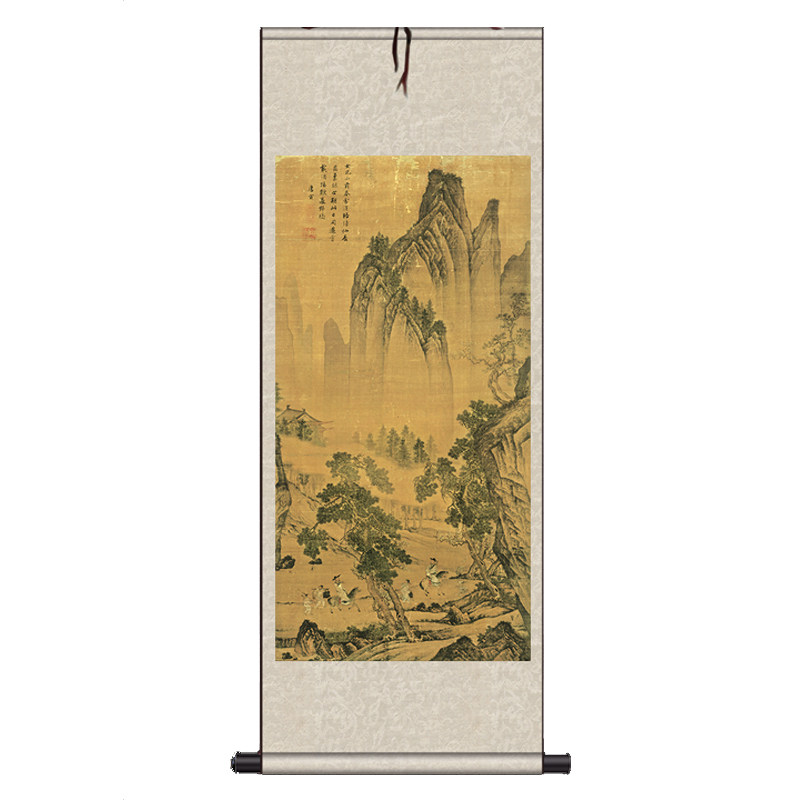 书房风水卷轴画仿古画丝绸画客厅玄关挂画书房唐伯虎唐寅松林扬鞭