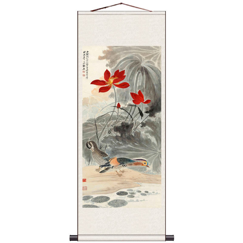 水墨荷花国画卷轴画丝绸画礼品画国画红荷已装裱条幅卷轴壁画