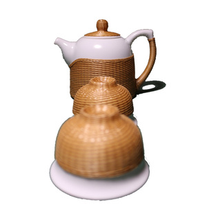 白釉四川特色非遗竹丝扣瓷茶具