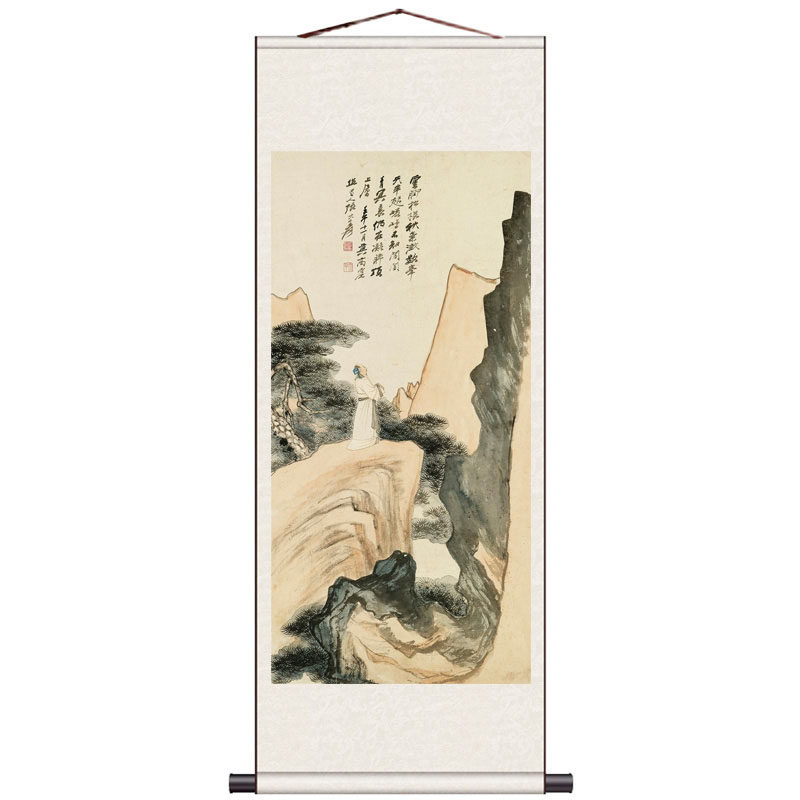 张大千山水画国画茶楼装饰画水墨画黄山观瀑图风水挂画仿古卷轴画