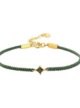 橄榄绿编织纯银镀金锆石幸运手链
