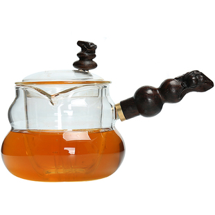 黑檀木侧把壶玻璃加热茶壶高温耐热泡茶花茶壶茶具冲茶器过滤带盖