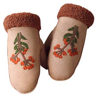 手套女冬天可爱连指挂脖手套加绒保暖韩版秋冬季仿麂皮加厚圣诞节