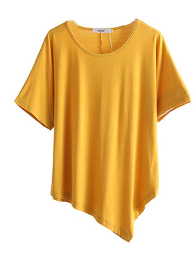 新款韩版莫代尔t恤女大码宽松胖mm不规则糖果色t恤女短袖打底上衣