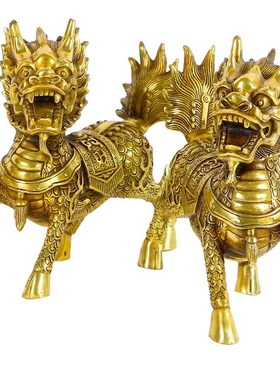 铜麒麟摆件一对纯铜办公室客厅