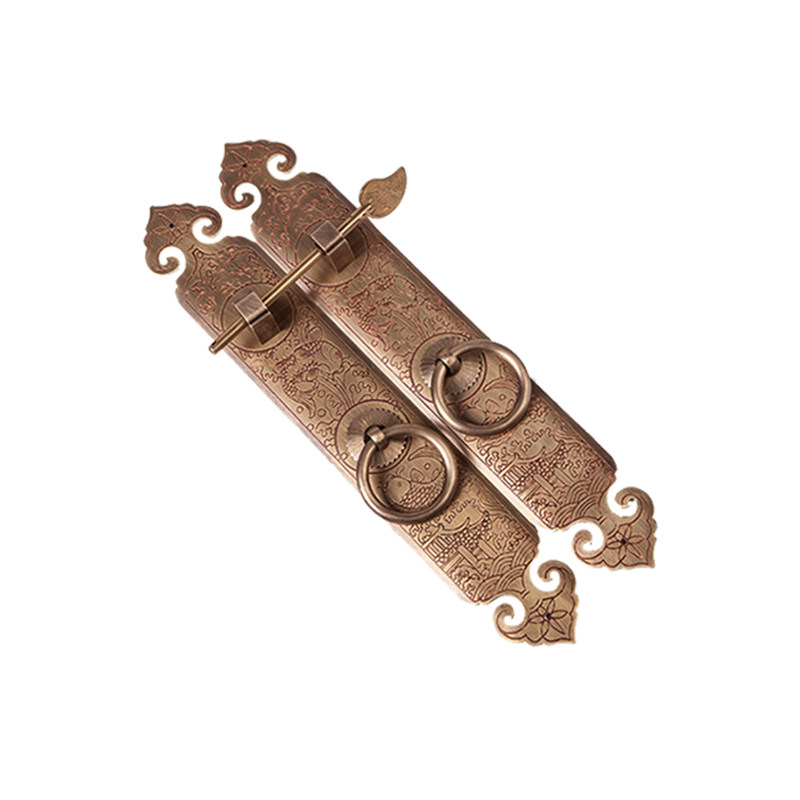 仿古纯铜直条拉手柜门窗户把手搭中式铜锁老式横开挂锁五金铜配件