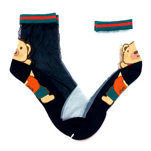 韩国女士水晶袜棉底夏玻璃丝袜新品日系透明薄款可爱小熊中筒袜子