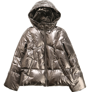 2021新款韩版连帽羽绒服女短款银色亮面加厚冬装外套宽松面包服潮