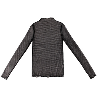 网纱上衣女长袖紧身薄款波点透明白色高领蕾丝打底衫内搭仙气纱衣