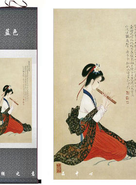 古月仕女吹笛图丝绸画 室内壁画影视道具画餐厅书房卧室装饰画