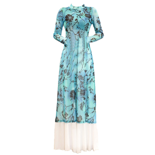 改良旗袍弹力纱衣中国风爵士舞练功服古典身长袖民族舞蹈演出服装