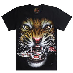 泰国3D老虎头个性夜光短袖纯棉T恤潮男夏款上衣 无缝桶织夏季半袖