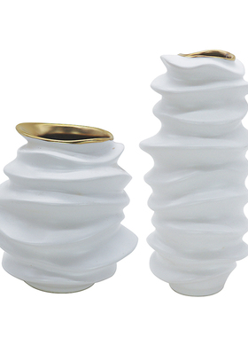 极简风高温陶瓷螺纹白色异形花瓶