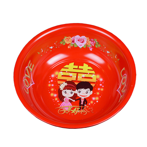 红色结婚脸盆新娘婚庆嫁妆红盆子 金色鸳鸯搪瓷喜盆女方陪嫁用品
