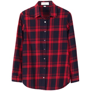 恒源祥长袖红格子衬衫女春秋韩版上衣棉防晒磨毛衬衣外搭翻领外套