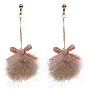 花水木木手工可爱水貂毛毛球球长款耳环14k包金耳钉无耳洞耳夹女