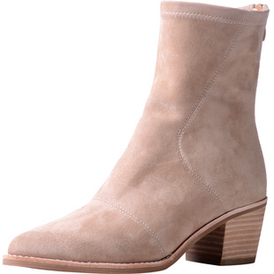 日式小众优雅羊皮尖头后拉链杏色粗跟真皮单靴马丁靴短靴6cm女靴