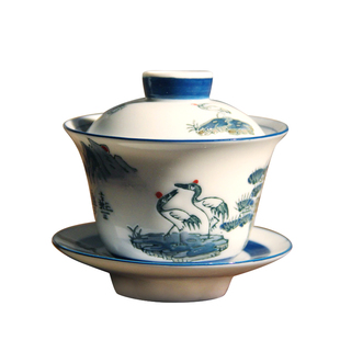 宝合琳潮州老器系列手绘堆花高岭土老盖碗枫溪松鹤延年三才碗茶碗