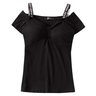 豹纹一字领露肩短袖上衣