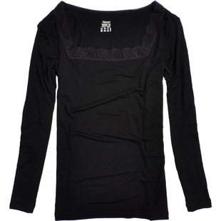 hanes恒适 长袖蕾丝薄保暖上衣女春秋季方领性感打底衫MTW110包邮
