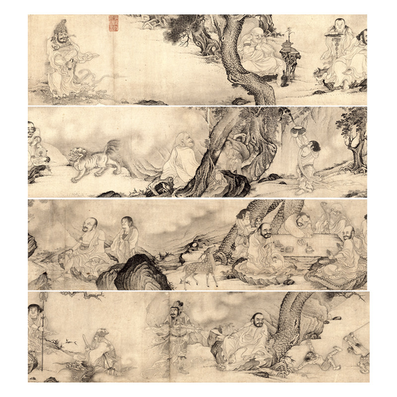 李公麟十六应真图高清国画人物白描画稿工笔罗汉长卷微喷国画画心