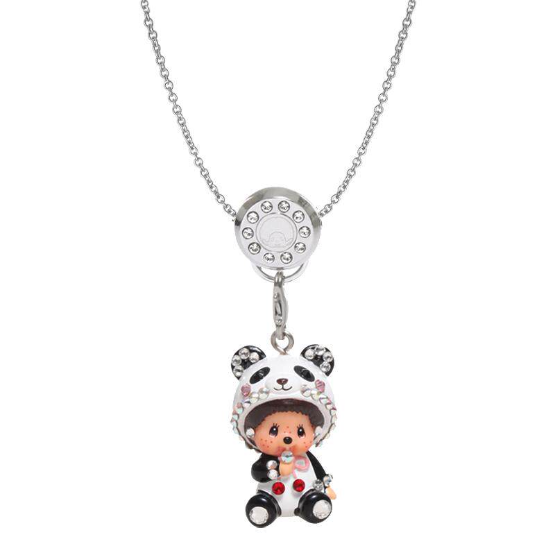 Monchhichi/萌趣趣项链饰品女日韩熊猫吊坠十字圈钛钢锁骨链N086